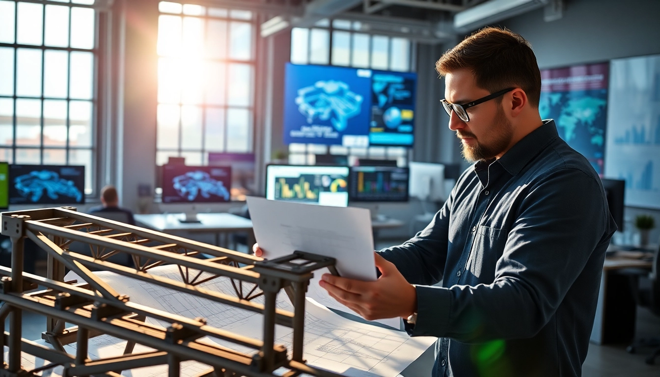 Crafting intricate steel structure design with blueprints and structural models in a professional environment.