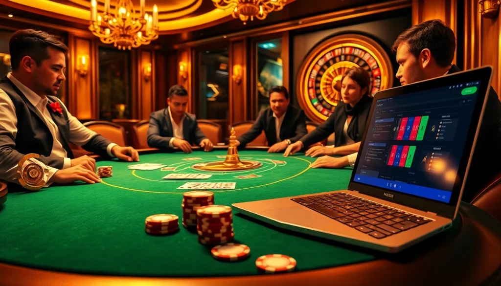 Experience a thrilling poker game at https://marvelbet.site/, showcasing professional players, chips, and a roulette wheel.