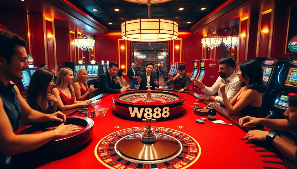 Players enjoying a high-stakes game at a luxurious W88 casino table, vibrant atmosphere.