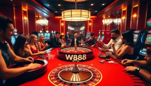 Players enjoying a high-stakes game at a luxurious W88 casino table, vibrant atmosphere.