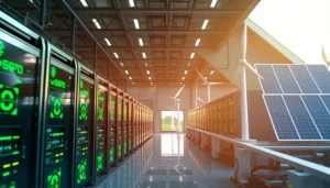 The innovative crypto mining app showcased in a modern facility powered by renewable energy, highlighting advanced mining rigs.