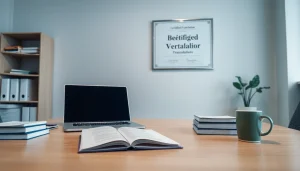 Professional workspace illustrating beëdigde vertaling with documents and a certificate.