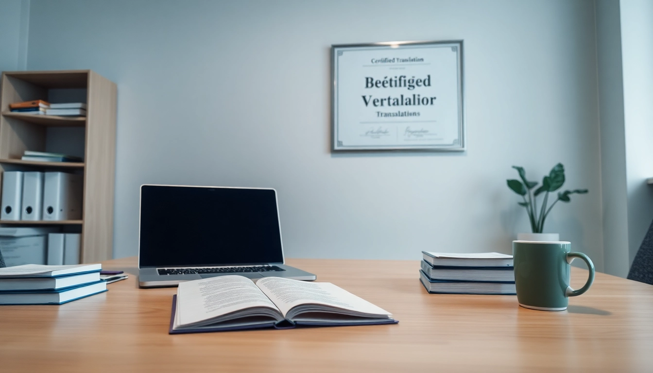 Professional workspace illustrating beëdigde vertaling with documents and a certificate.
