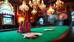 Exciting gambling atmosphere at trang chủ 789win with poker chips and a spinning roulette wheel.