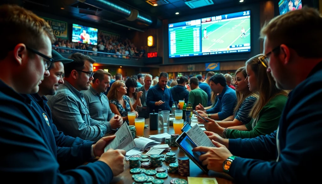 Engaged bettors enjoying sports betting South Carolina at a lively sports bar atmosphere.