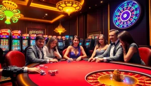 Experience the thrill of gaming at rr88's casino table with vibrant chips and players.