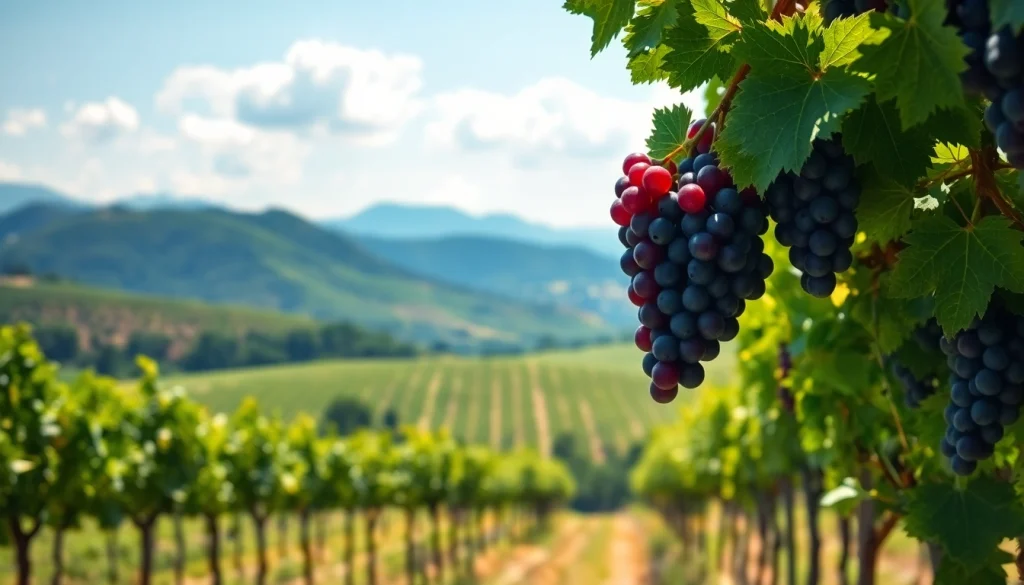 Celebrating the beauty of clarksburg wineries with lush vineyards and ripe grapes under bright sunlight.