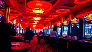 Excited players enjoying slot bet kecil at a luxurious casino with vibrant slot machines.