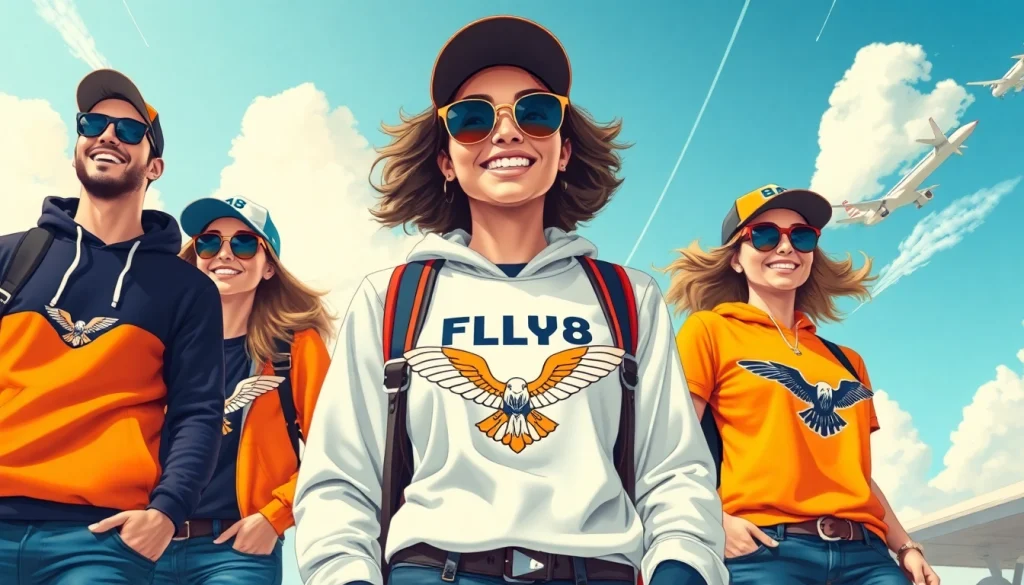 FLY88 aviation-inspired clothing showcased in an outdoor adventure scene.