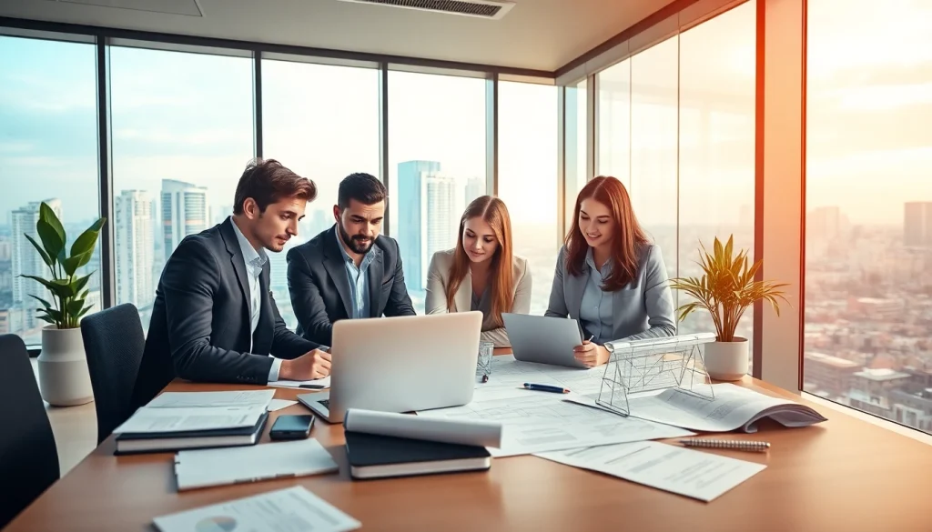 Księgowość dla firmy budowlanej w nowoczesnym biurze rachunkowym, gdzie różnorodny zespół księgowych współpracuje.