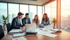 Księgowość dla firmy budowlanej w nowoczesnym biurze rachunkowym, gdzie różnorodny zespół księgowych współpracuje.