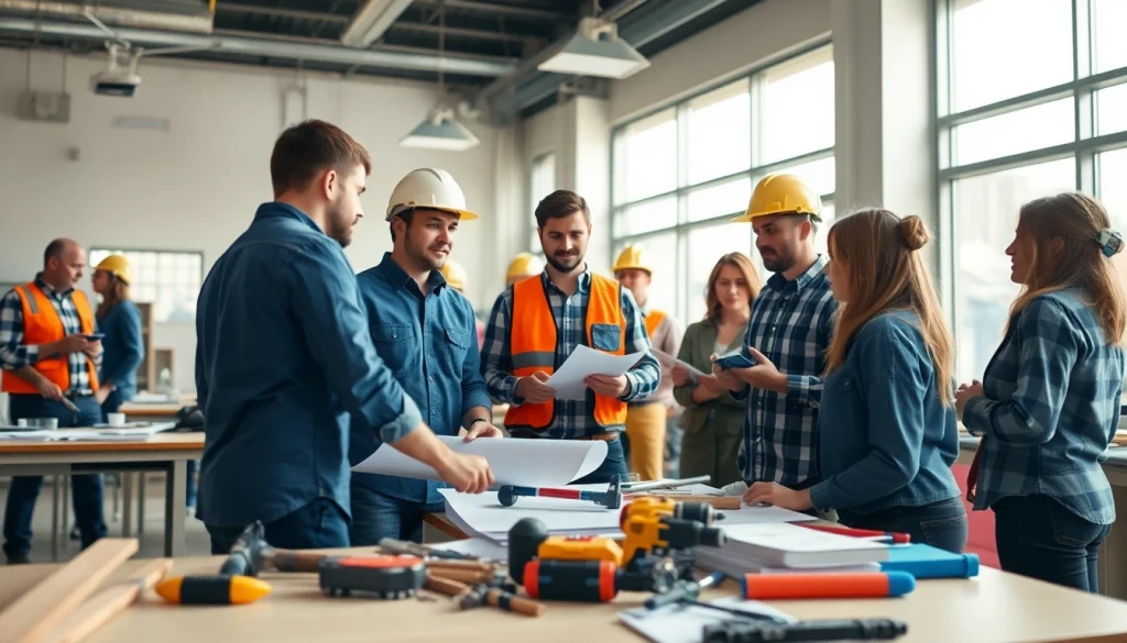 Showcase of students at construction trade schools in Texas collaborating on hands-on projects with tools.