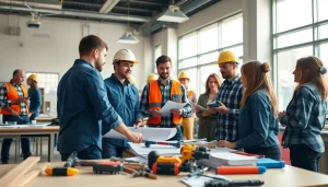 Showcase of students at construction trade schools in Texas collaborating on hands-on projects with tools.