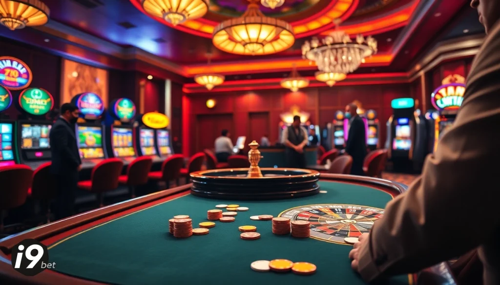 i9bet features an exciting casino scene with poker chips and a spinning roulette wheel.