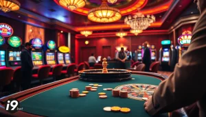 i9bet features an exciting casino scene with poker chips and a spinning roulette wheel.