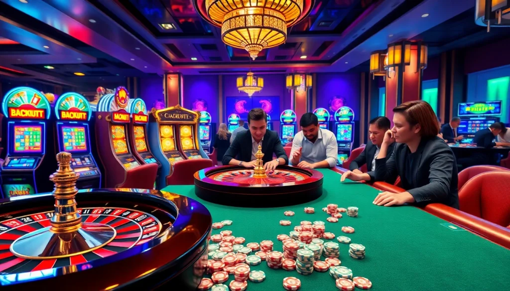 Engaging players experience thrilling wins at KKWIN's online casino with colorful slot machines and poker tables.