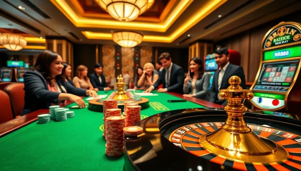 Exciting casino game scene at https://rr88.pizza/ featuring a dealer and players at a poker table.