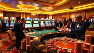 Play exciting games at KJC ONL in a luxurious casino atmosphere with vibrant tables and engaging players.