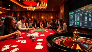 i9bet casino scene with engaging players at a roulette table and digital betting displays