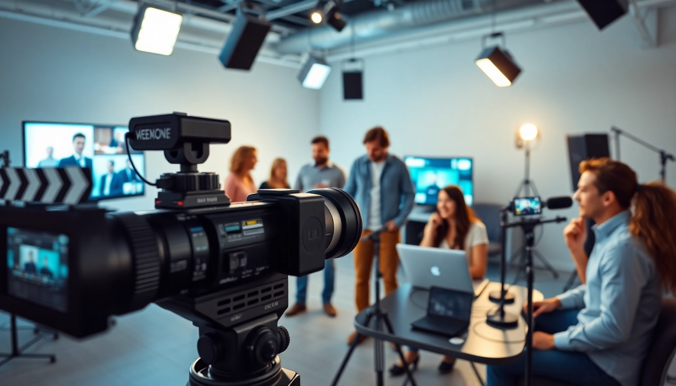 Capturing dynamic moments in corporate video production with a collaborative team and professional setup.