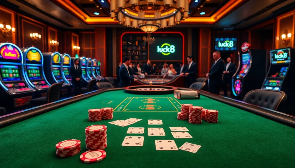 Players enjoying vibrant casino action, highlighting the luck8 experience with poker and roulette.