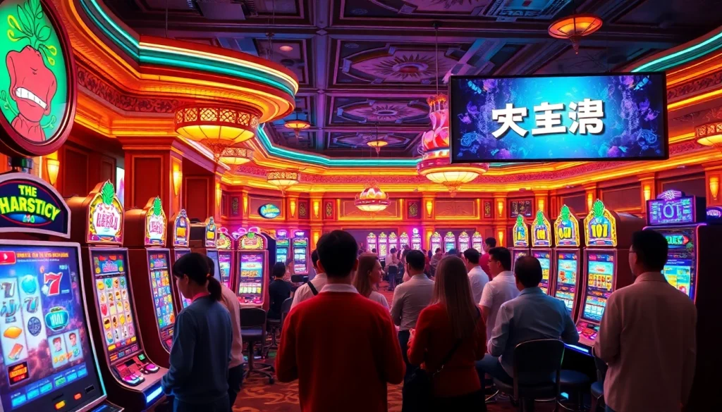 Engaging scene of players discussing strategies in a vibrant 슬롯커뮤니티 within a luxurious casino.