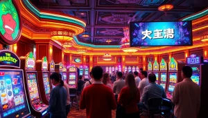 Engaging scene of players discussing strategies in a vibrant 슬롯커뮤니티 within a luxurious casino.