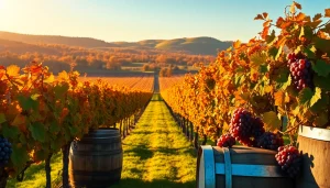 Experience clarksburg wineries with vibrant grapevines and golden autumn sunlight.