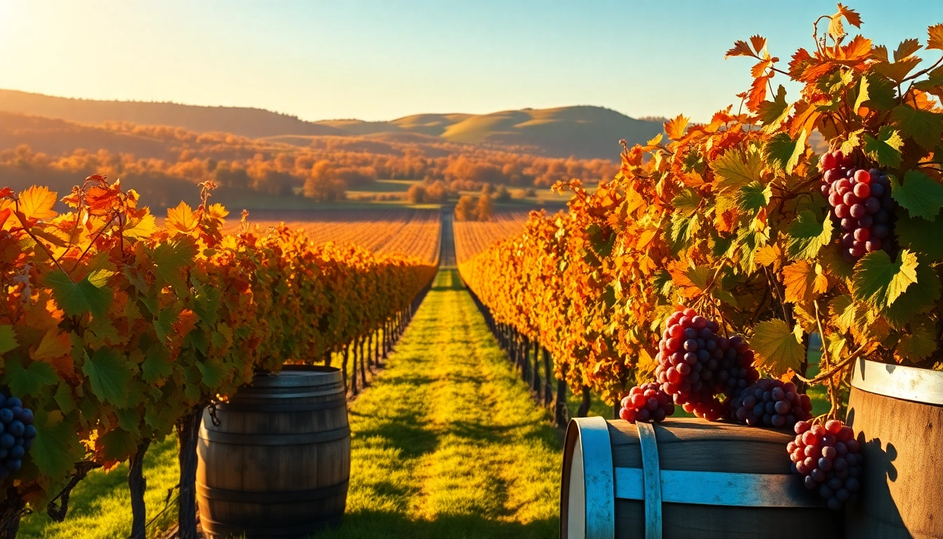 Experience clarksburg wineries with vibrant grapevines and golden autumn sunlight.