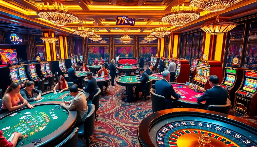 Players enjoying a thrilling gambling experience at 79king's elegant casino tables, featuring poker chips and slot machines.