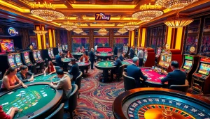 Players enjoying a thrilling gambling experience at 79king's elegant casino tables, featuring poker chips and slot machines.