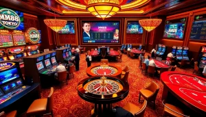Experience the excitement of MM88 Tokyo with vibrant gaming tables and lively gamblers.