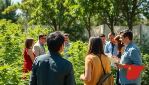 Visualizing the legalisation cannabis espagne with people discussing cannabis laws in a green space.