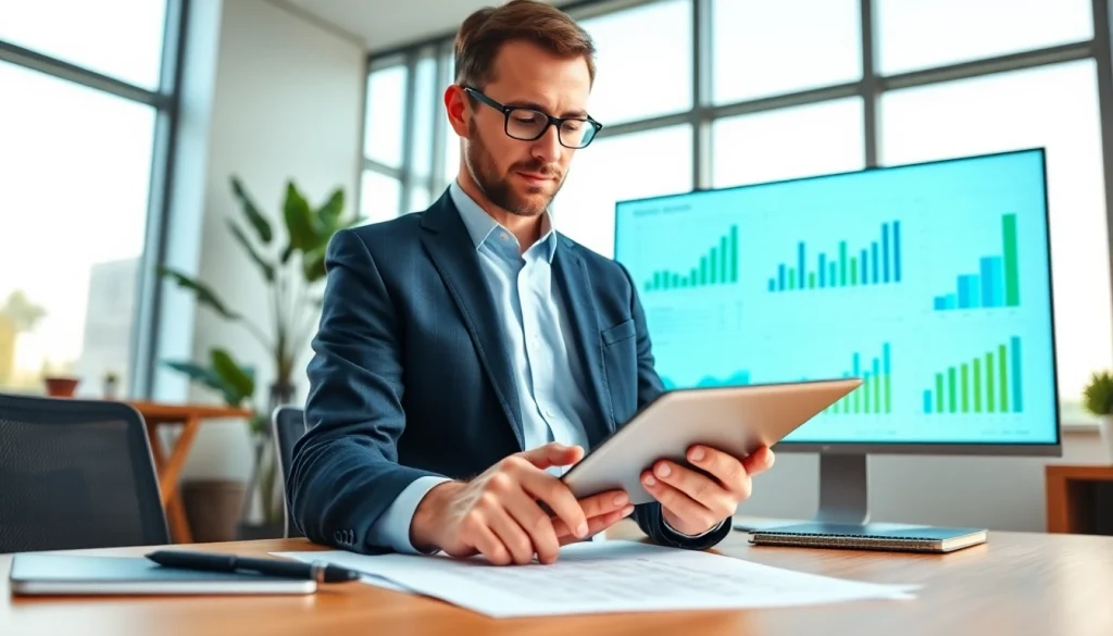 Professional SMSF auditor reviewing financial documents in a bright office.