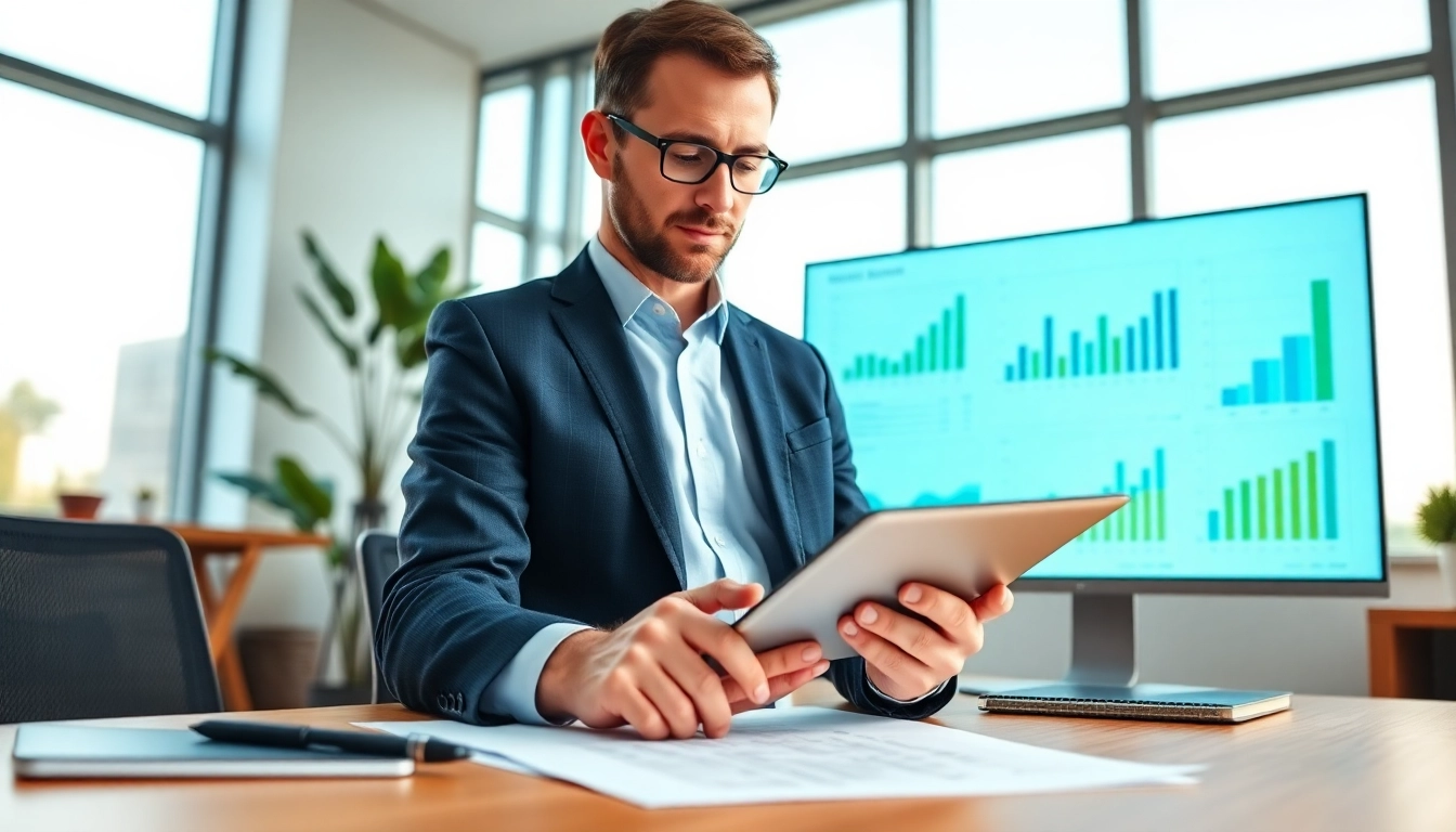 Professional SMSF auditor reviewing financial documents in a bright office.