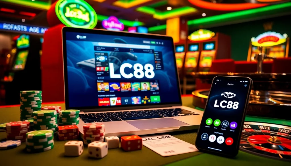 LC88 online gambling interface with poker chips and roulette wheel, showcasing a thrilling gaming experience.