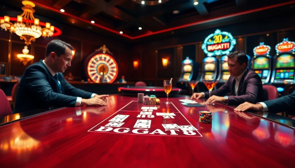 Engage with the excitement of Bugatti8 at a luxurious casino poker table, featuring vibrant chips and stylish players.