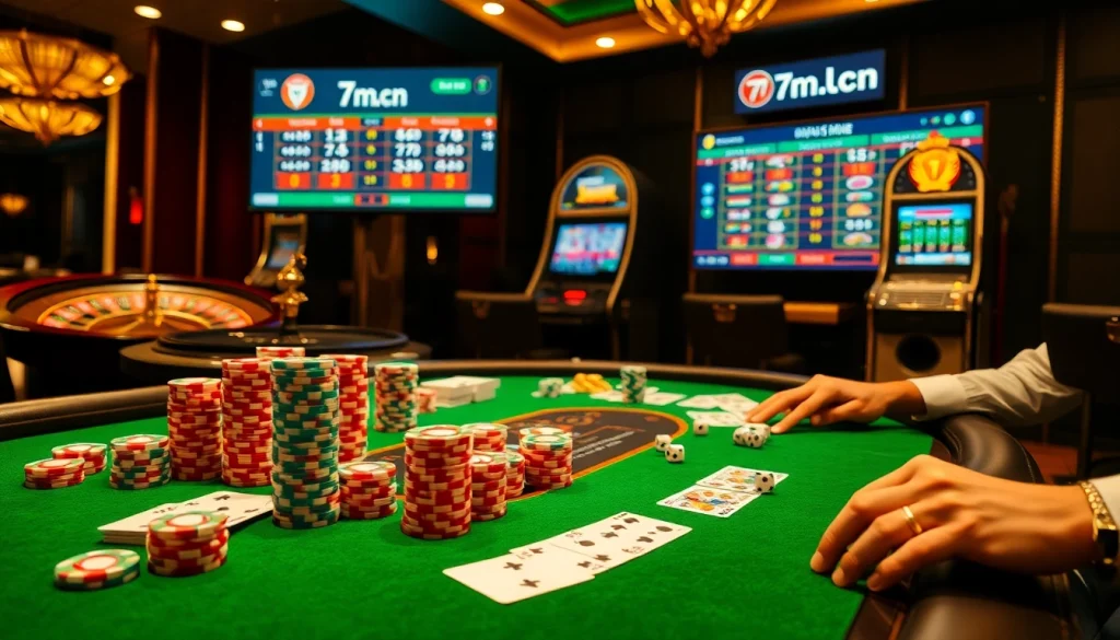 A vibrant gambling scene showing poker action and live sports scores from 7m.cn in an upscale casino setting.