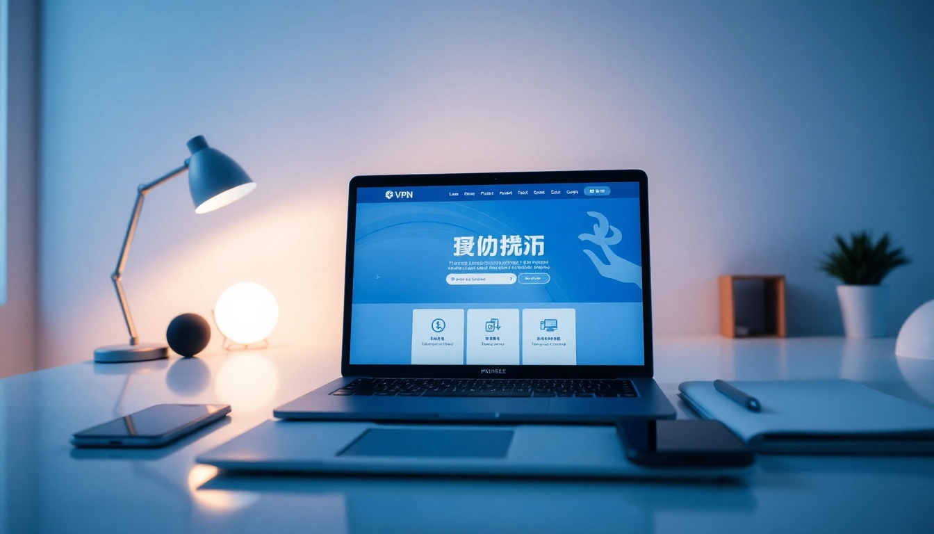 快连官网 displayed on a sleek laptop in a modern workspace, symbolizing secure VPN connectivity.