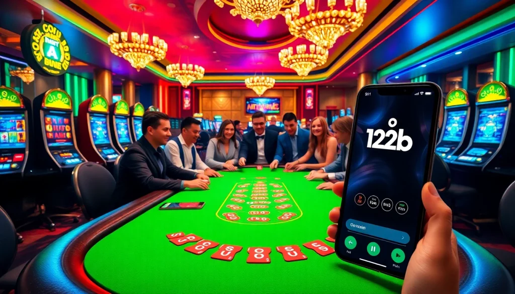 Excited gamblers placing bets at a 123b casino table with vibrant lights and slots.