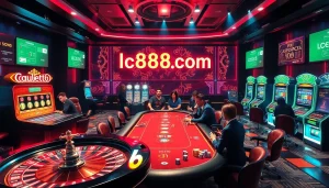 Experience the thrill of lc88.com with vibrant gaming tables, roulette wheels, and excited players.
