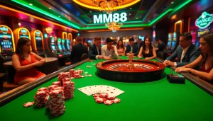 Experience the excitement of MM88 at a luxurious casino table with poker chips and a roulette wheel.