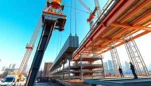 Visualizing structural steel installation process with cranes and workers on site.