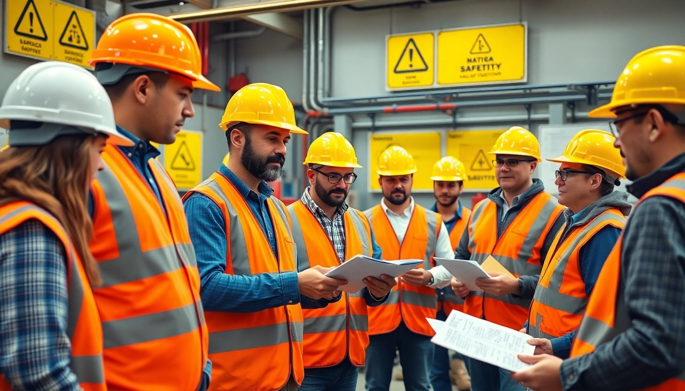 Participants engaged in construction safety training with hands-on activities in a bright industrial setting.
