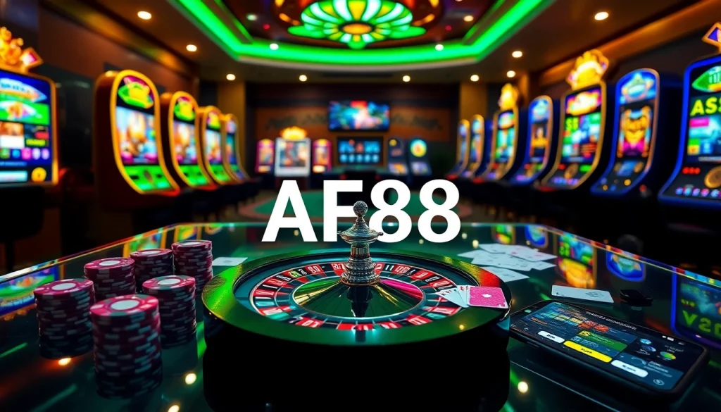 Win big at AF88 with a luxurious online casino scene featuring vibrant roulette wheels and poker tools.