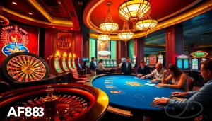 Engage with AF88-inspired excitement at the poker table in a luxurious casino setting.