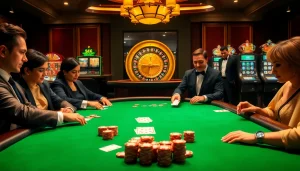 Engaged players enjoy high-stakes poker at a luxurious casino, linking to s8 for thrilling gambling experiences.