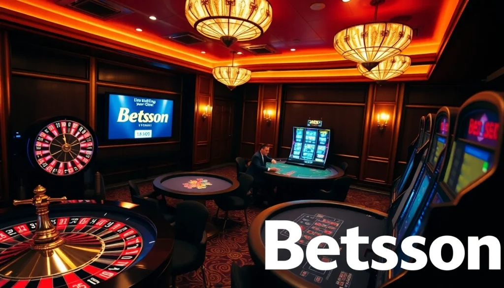 Betsson casino scene featuring poker tables, roulette wheel, and live betting displays.