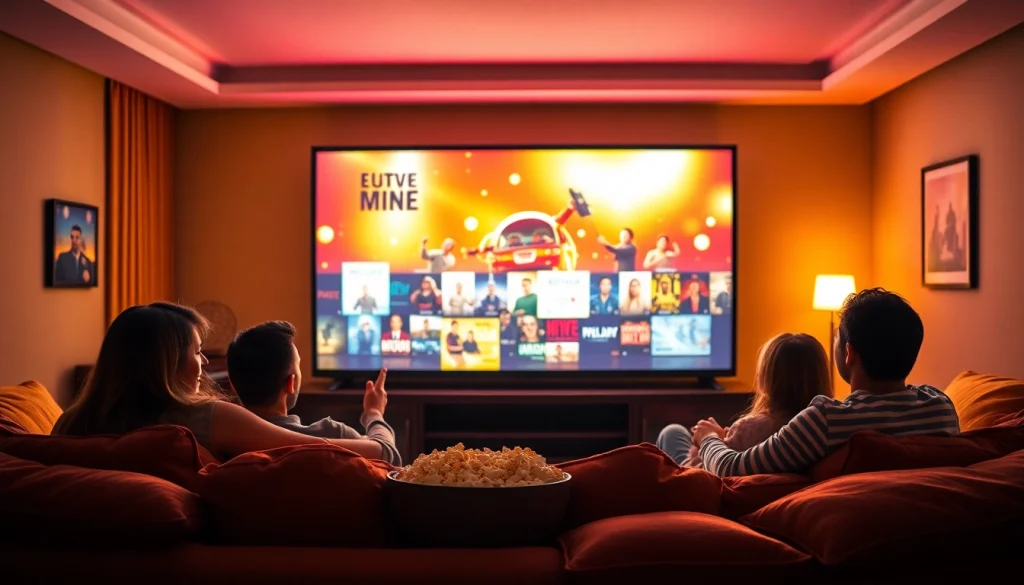 Enjoying filme online gratis in a cozy home theater with popcorn and family.