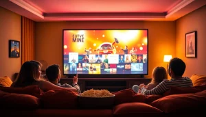 Enjoying filme online gratis in a cozy home theater with popcorn and family.